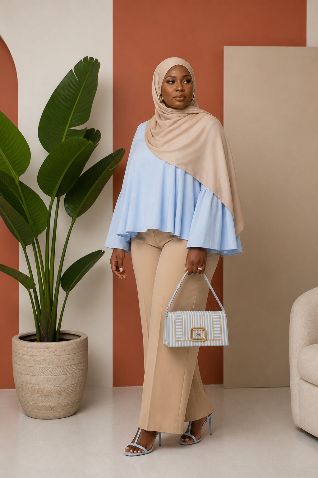 Ruffle-Hem Cape Top & Wide-Leg Trouser Set